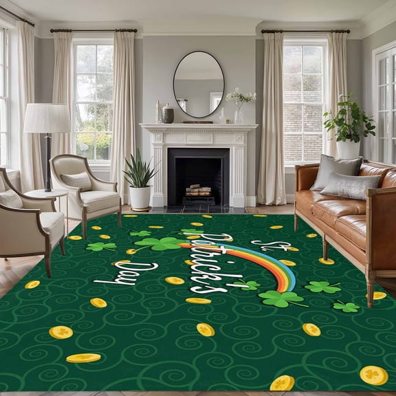 8x10 Area Rugs for Living Room, St. Patrick's Day Non Slip Area Rugs for Kitchen Bedroom Entryway, Green Shamrock Rainbow Gold Coin Simple Washable Carpet Runner Rug Floor Mats for Bedroom