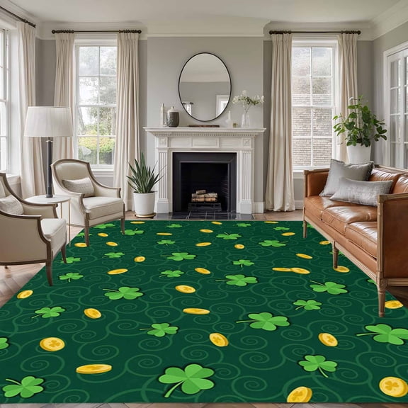 8x10 Area Rugs for Living Room, St. Patrick's Day Non Slip Area Rugs for Kitchen Bedroom Entryway, Lucky Shamrock Gold Coin Minimalist Green Washable Carpet Runner Rug Floor Mats for Bedroom