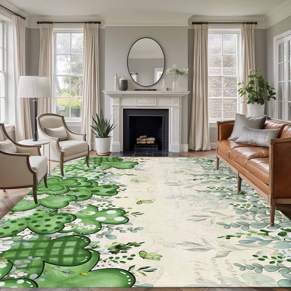 8x10 Area Rugs for Living Room, St. Patrick's Non Slip Area Rugs for Kitchen Bedroom Entryway, Luck Shamrock Eucalyptus Leaves Flowers Vintage Washable Carpet Runner Rug Floor Mats for Bedroom