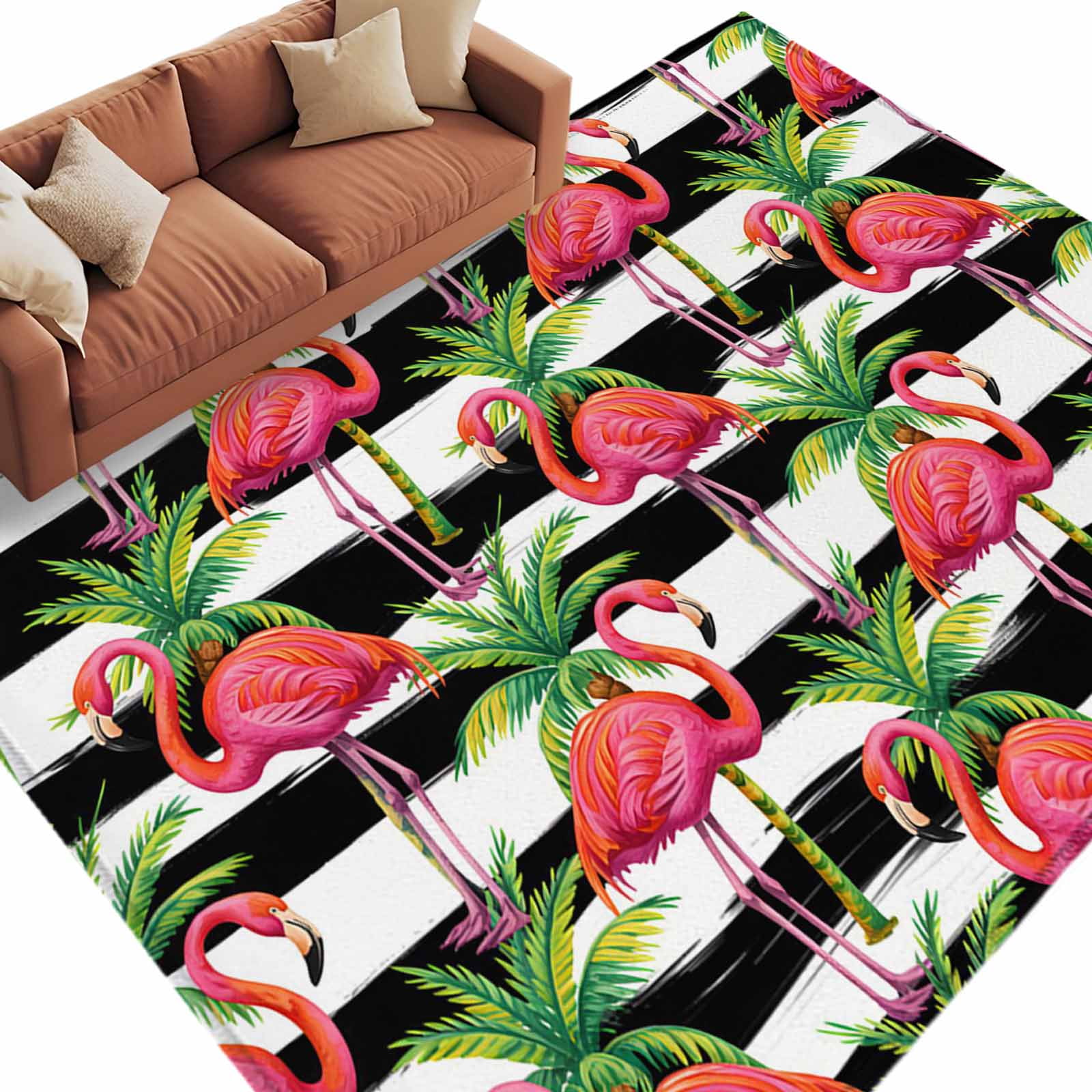 8x10 Area Rugs for Living Room, Striped Flamingo Non Slip Area Rugs for ...