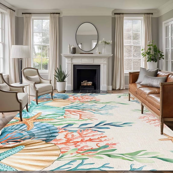 8x10 Area Rugs for Living Room, Summer Ocean Non Slip Area Rugs for Kitchen Bedroom Entryway, Watercolor Coastal Coral Shell Seaweed Beige Washable Carpet Runner Rug Floor Mats for Bedroom