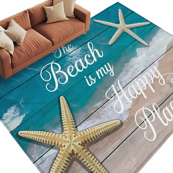 8x10 Area Rugs for Living Room, Turquoise Beach Summer Non Slip Area Rugs for Kitchen Bedroom Entryway, Starfish Coastal Gradient Washable Carpet Runner Rug Floor Mats for Bedroom Home Decor