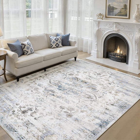 8x10 Washable Living Room Distressed Vintage Area Rug, Retro Floral Non Slip Carpet Soft Low Pile Tapis Salon Throw Rug for Bedrooms, Dining Room, Living Room, Office.