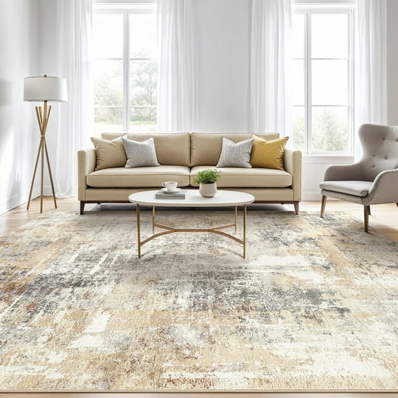 UERMEI 8'x10' Washable Area Rugs for Living Room, Modern Abstract Printed Carpet, Non Slip Indoor Rug for Bedroom Home Decor Carpets, Grey Gold