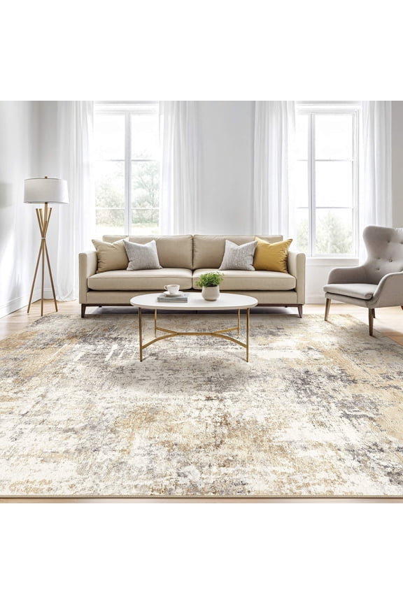 8'x10' Washable Area Rugs for Living Room, Modern Abstract Printed Carpet, Non Slip Indoor Rug for Bedroom Home Decor Carpets, Grey Gold