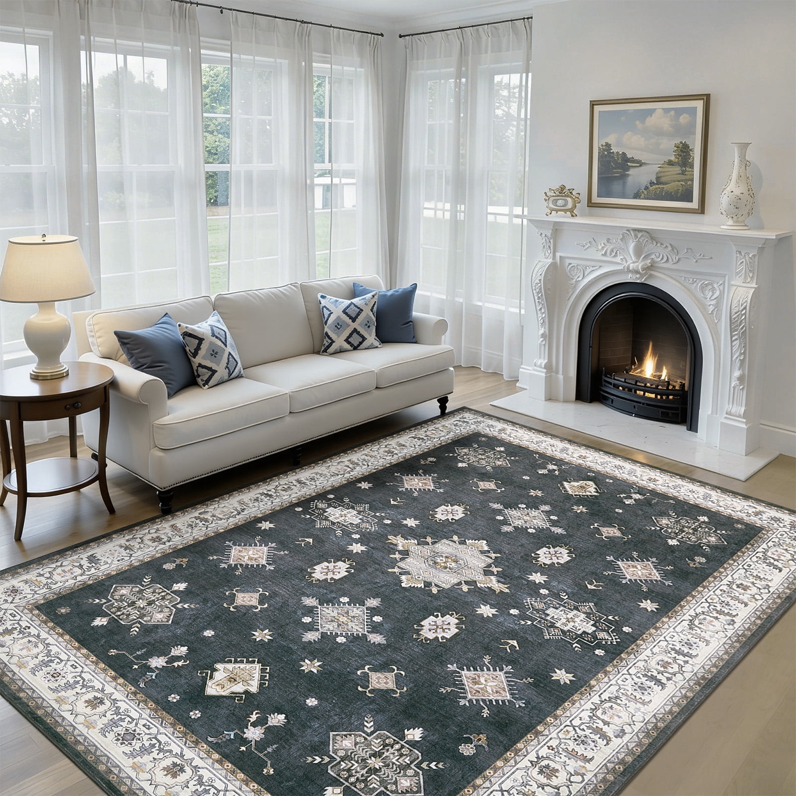 8x10 Living Room Area Rug,Washable Vintage Carpet Non Slip Indoor Rug, Retro Traditional Accent Throw Low Pile Large Rug for Farmhouse, Office, Bedroom, Dining Room.