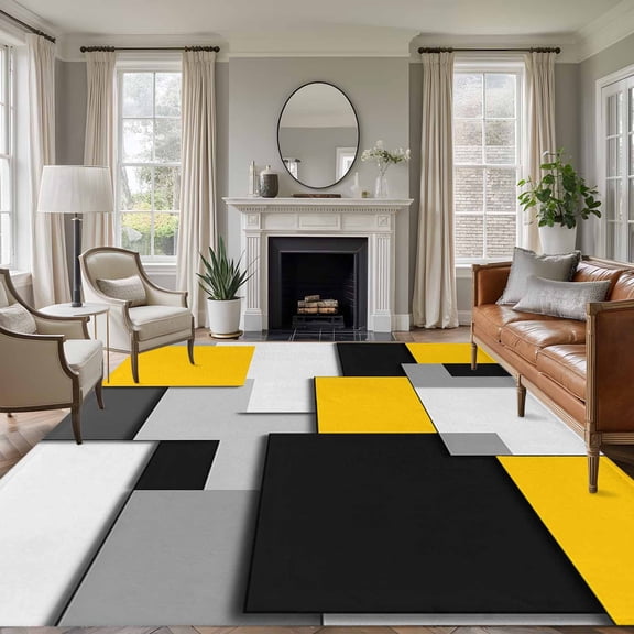 8x10 Area Rugs for Living Room, Yellow Grey Black Geometric Non Slip Area Rugs for Kitchen Bedroom Entryway, Modern Abstract Art Washable Carpet Runner Rug Floor Mats for Bedroom Home Decor