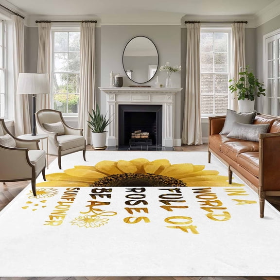 8x10 Area Rugs for Living Room, Yellow Sunflower Non Slip Area Rugs for Kitchen Bedroom Entryway, Floral Rustic White Quotes Washable Carpet Runner Rug Floor Mats for Bedroom Home Decor