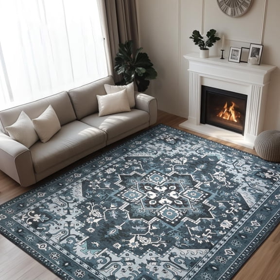 8x10 Area Rugs Machine Washable, Dark Navy Blue Carpet for Living Room, Oriental Indoor Area Rug Low Pile, Large Soft Thick Carpets Non Slip, Farmhouse Vintage Rug for Bedroom Dining Room