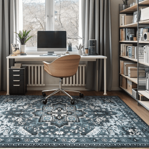 8x10 Area Rugs Machine Washable, Dark Navy Blue Carpet for Living Room, Oriental Indoor Area Rug Low Pile, Large Soft Thick Carpets Non Slip, Farmhouse Vintage Rug for Bedroom Dining Room