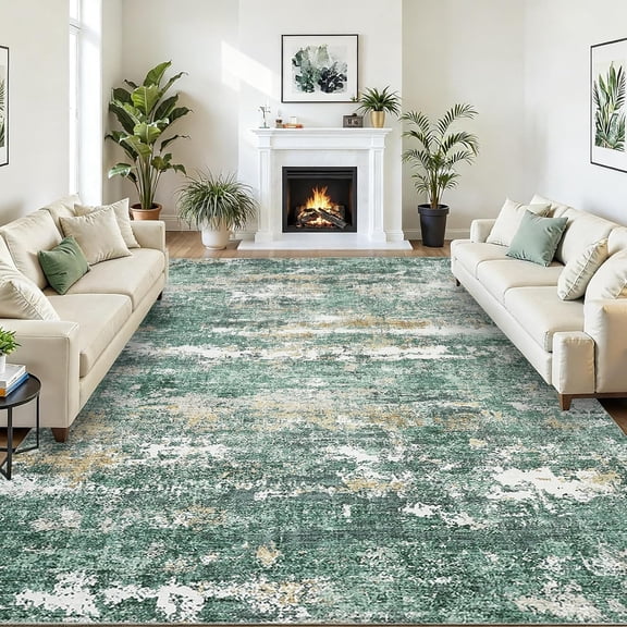 8x10 Area Rugs Machine Washable Rug for Living Room Modern Abstract Carpet for Bedroom Farmhouse Indoor Large Floor Carpet with Non Slip Backing Stain Resistant Green