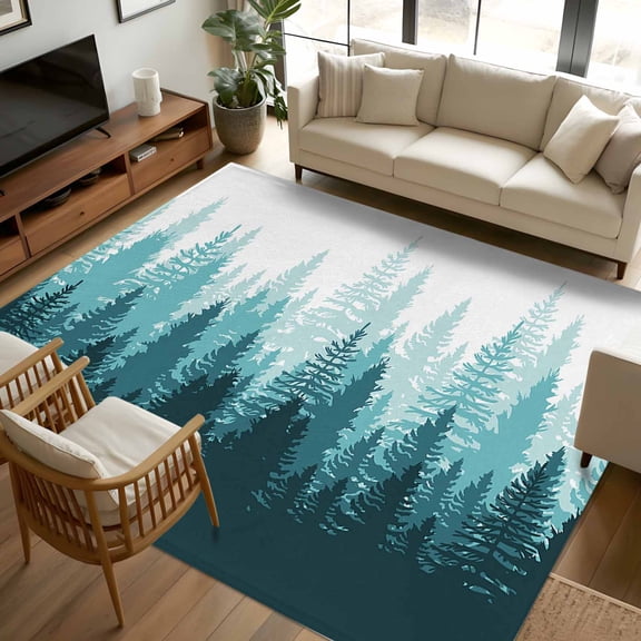 8x10 Area Rugs, Modern Forest Aqua, Non-Skid Rubber Backing Large Rectangle Rugs - Living Room Bedroom Home Office, Gradient Aesthetics Modern Color Decor Indoor Floor Mat Carpets Washable Rug