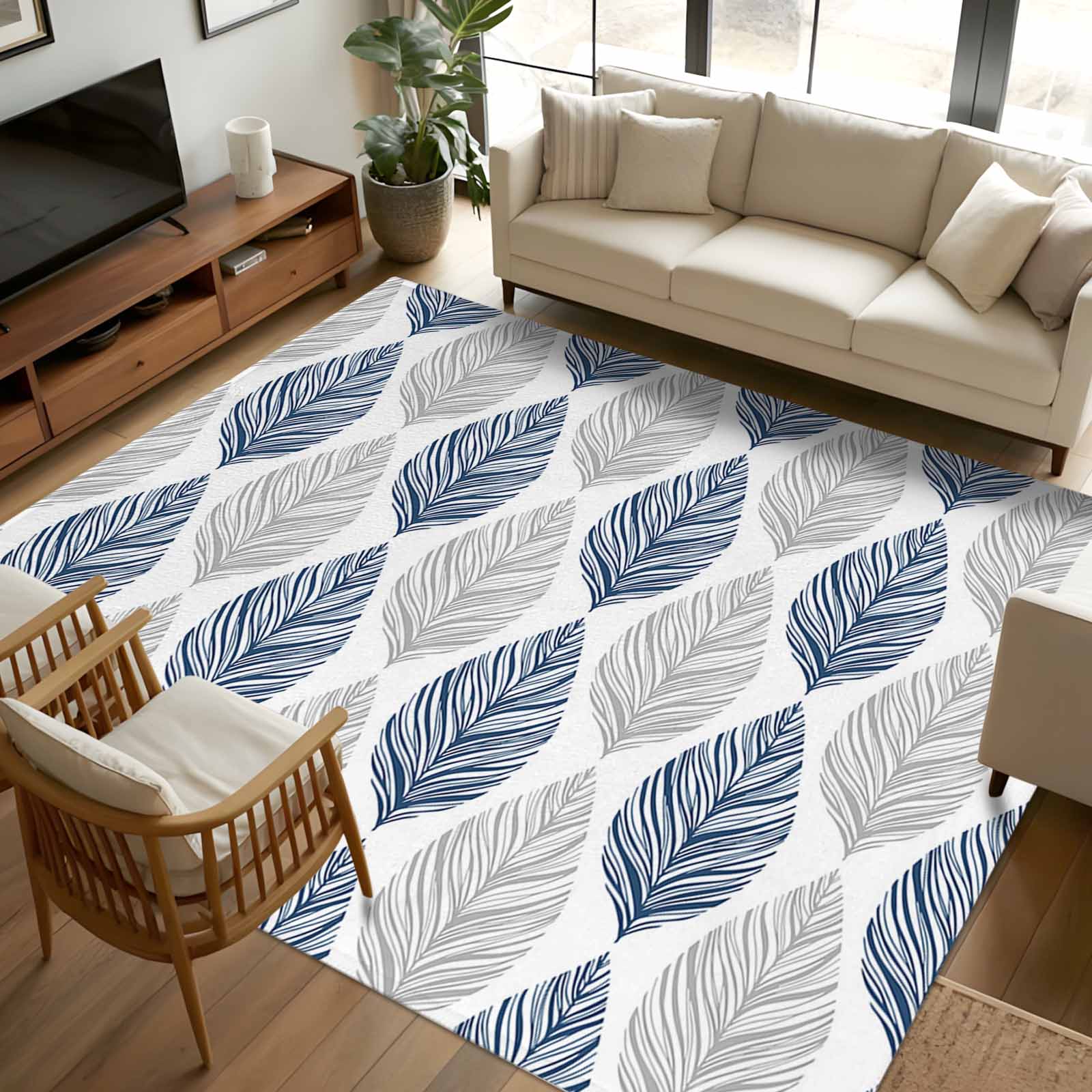 Aethics Rugs 8x10 Area Rugs, Navy Blue Grey Leaves Non-Skid Rubber Backing Large ...