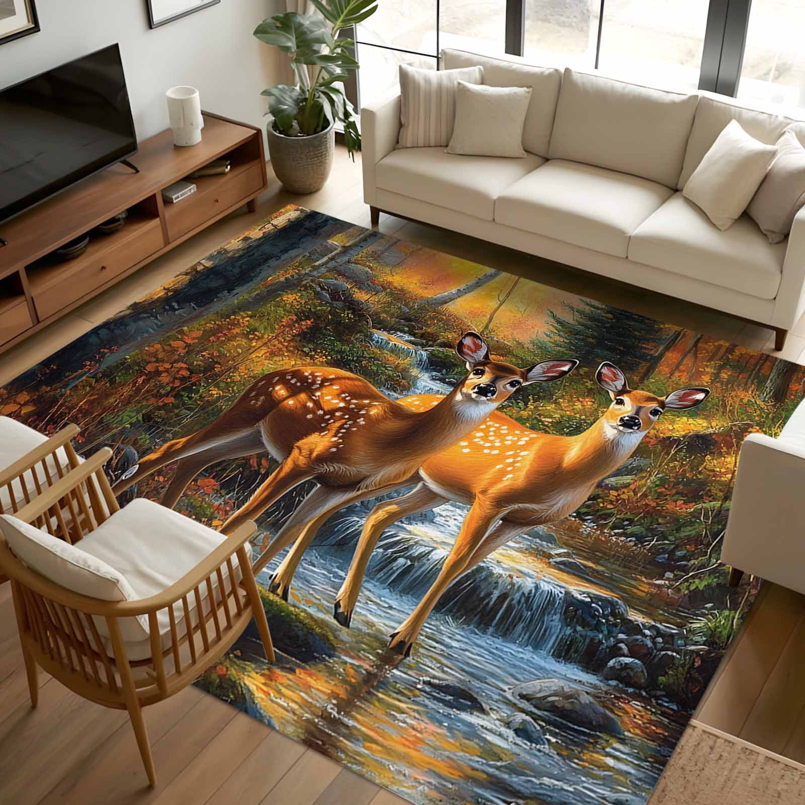 Rustic Elk Rugs 8x10 Area Rugs, Orange Autumn Deer Non-Skid Rubber Backing Large ...