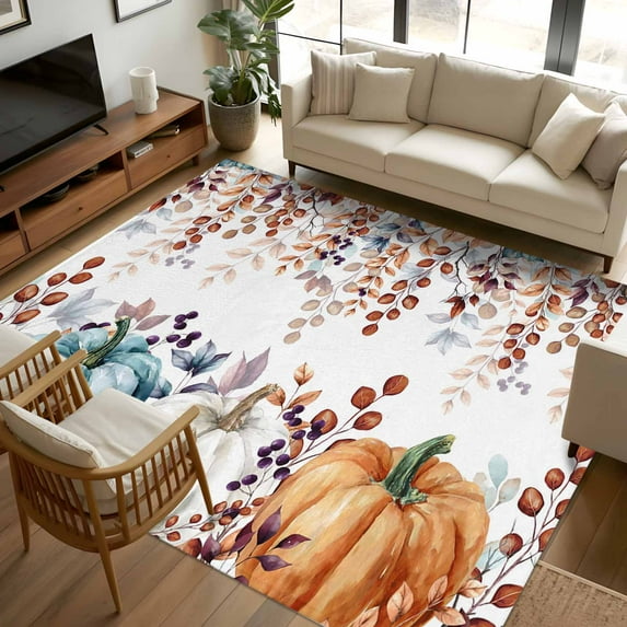 8x10 Area Rugs, Orange Blue Pumpkin Fall Non-Skid Rubber Backing Large Rectangle Rugs - Living Room Bedroom Home Office, Thanksgiving Maple Leaf Indoor Floor Mat Carpets Washable Rug