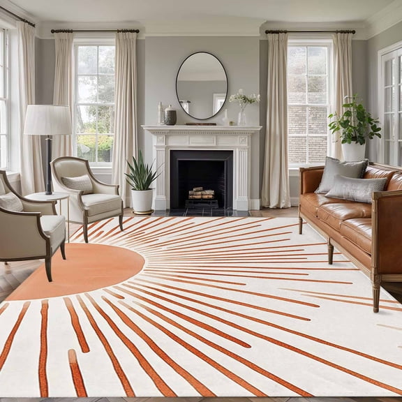 8x10 Area Rugs, Orange Sunshine Non-Skid Rubber Backing Large Rectangle Rugs - Living Room Bedroom Home Office, Lines Retro Abstract Middle Century Indoor Floor Mat Carpets Washable Rug
