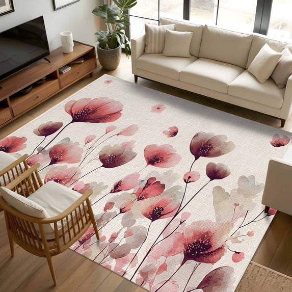 8x10 Area Rugs, Pink Flowers Non-Skid Rubber Backing Large Rectangle ...