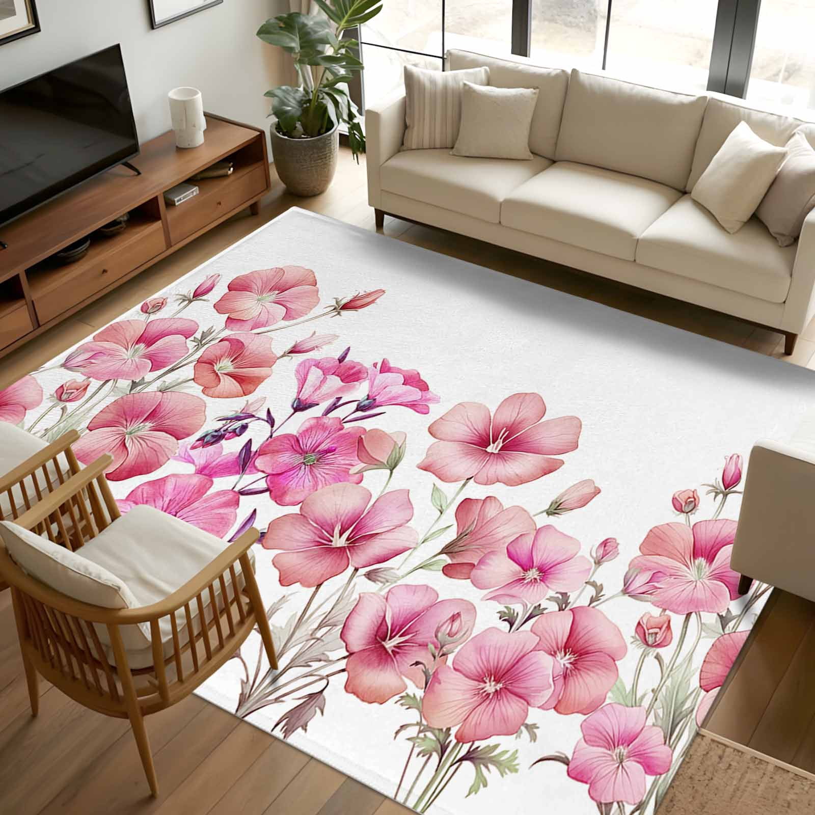 8x10 Area Rugs, Pink Spring Floral Non-Skid Rubber Backing Large ...
