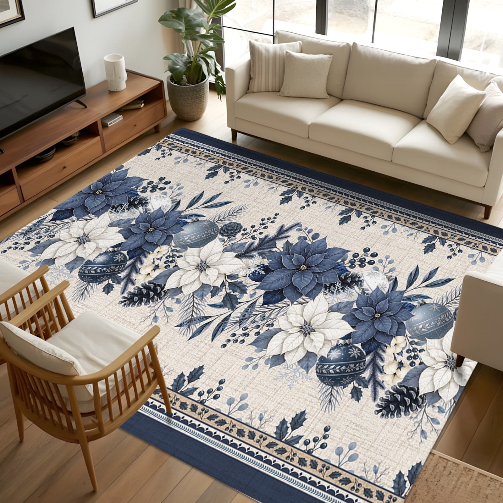 8x10 Area Rugs, Poinsettia Christmas Non-Skid Rubber Backing Large ...