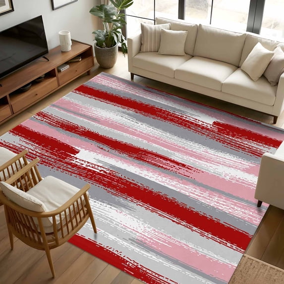 8x10 Area Rugs, Red Pink Gray Stripes Non-Skid Rubber Backing Large Rectangle Rugs - Living Room Bedroom Home Office, Modern Abstract Minimalist Retro Indoor Floor Mat Carpets Washable Rug