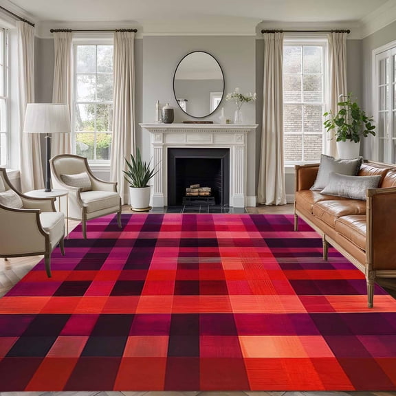 8x10 Area Rugs, Red Purple Non-Skid Rubber Backing Large Rectangle Rugs - Living Room Bedroom Home Office, Modern Striped Plaid Abstract Oil Painted Indoor Floor Mat Carpets Washable Rug