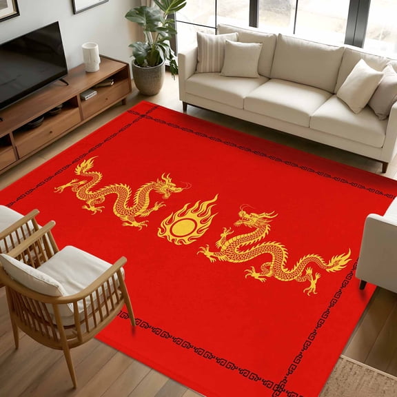 8x10 Area Rugs, Red Yellow Dragon Non-Skid Rubber Backing Large Rectangle Rugs - Living Room Bedroom Home Office, Happy New Year Indoor Floor Mat Carpets Washable Rug