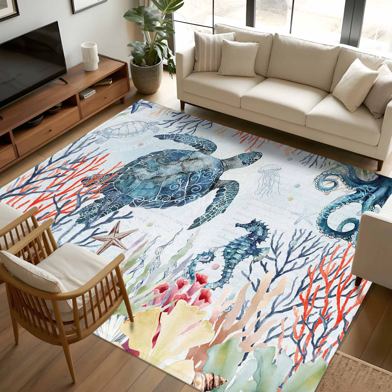 Turtle Rug Cream 8x10 Area Rugs, Sea Turtles Non-Skid Rubber Backing Large Rectangle ...
