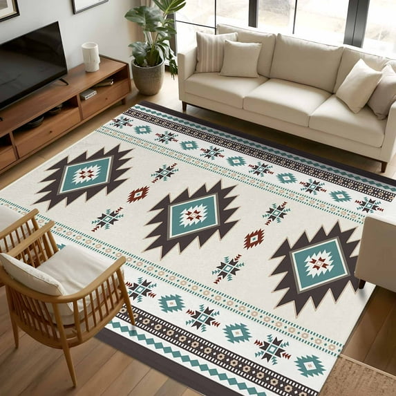 8x10 Area Rugs, Southwest Ethnic Non-Skid Rubber Backing Large Rectangle Rugs - Living Room Bedroom Home Office, Boho Aztec Tribal Abstract Aesthetic Indoor Floor Mat Carpets Washable Rug