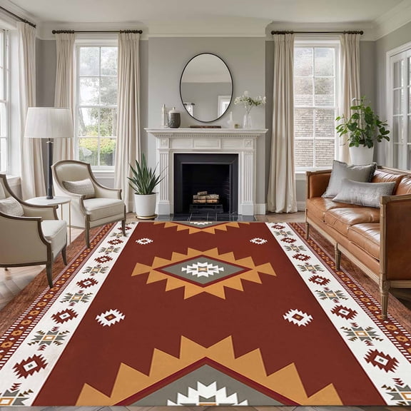8x10 Area Rugs, Southwest Non-Skid Rubber Backing Large Rectangle Rugs - Living Room Bedroom Home Office, Western Brown Beige Geometric Abstract Art Wooden Indoor Floor Mat Carpets Washable Rug