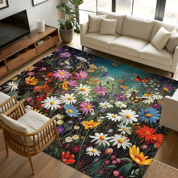 8x10 Area Rugs, Spring Floral Non-Skid Rubber Backing Large Rectangle Rugs - Living Room Bedroom Home Office, Colorful Daisy Summer Botanical Butterfly Indoor Floor Mat Carpets Washable Rug