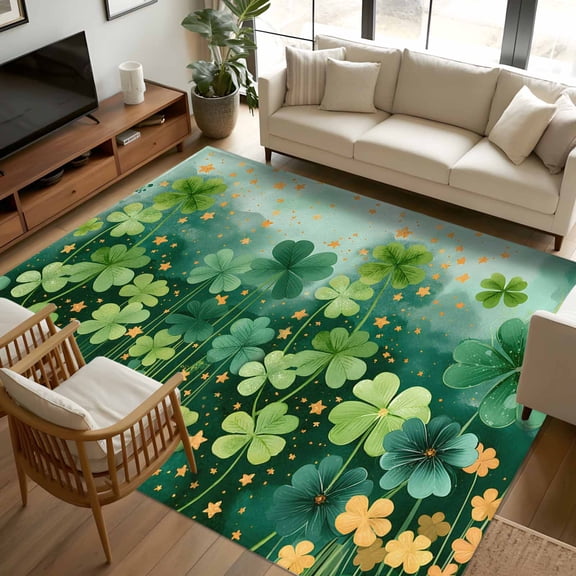 8x10 Area Rugs, St. Patrick's Day Non-Skid Rubber Backing Large Rectangle Rugs - Living Room Bedroom Home Office, Lucky Shamrocks Gradient Green Leaves Rustic Indoor Floor Mat Carpets Washable Rug
