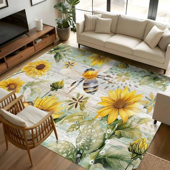 8x10 Area Rugs Sunflower Bee Non-Skid Rubber Backing Large Rectangle Rugs - Living Room Bedroom Home Office, Vintage Summer Botanical Farmhouse Indoor Floor Mat Carpets Washable Rug
