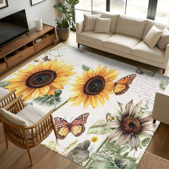 8x10 Area Rugs, Sunflower Vintage Non-Skid Rubber Backing Large Rectangle Rugs - Living Room Bedroom Home Office, Pastoral Rustic Botanical Flowers Indoor Floor Mat Carpets Washable Rug