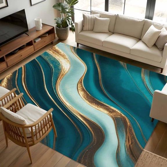 8x10 Area Rugs, Teal Marble Non-Skid Rubber Backing Large Rectangle Rugs - Living Room Bedroom Home Office, Modern Abstract Gold Fluid Art Indoor Floor Mat Carpets Washable Rug