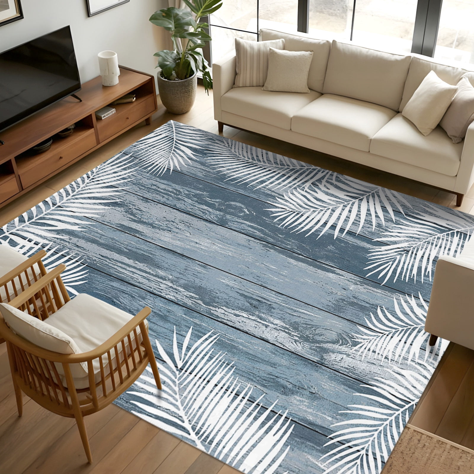 8x10 Area Rugs, Tropical Palm Leaves Non-Skid Rubber Backing Large ...