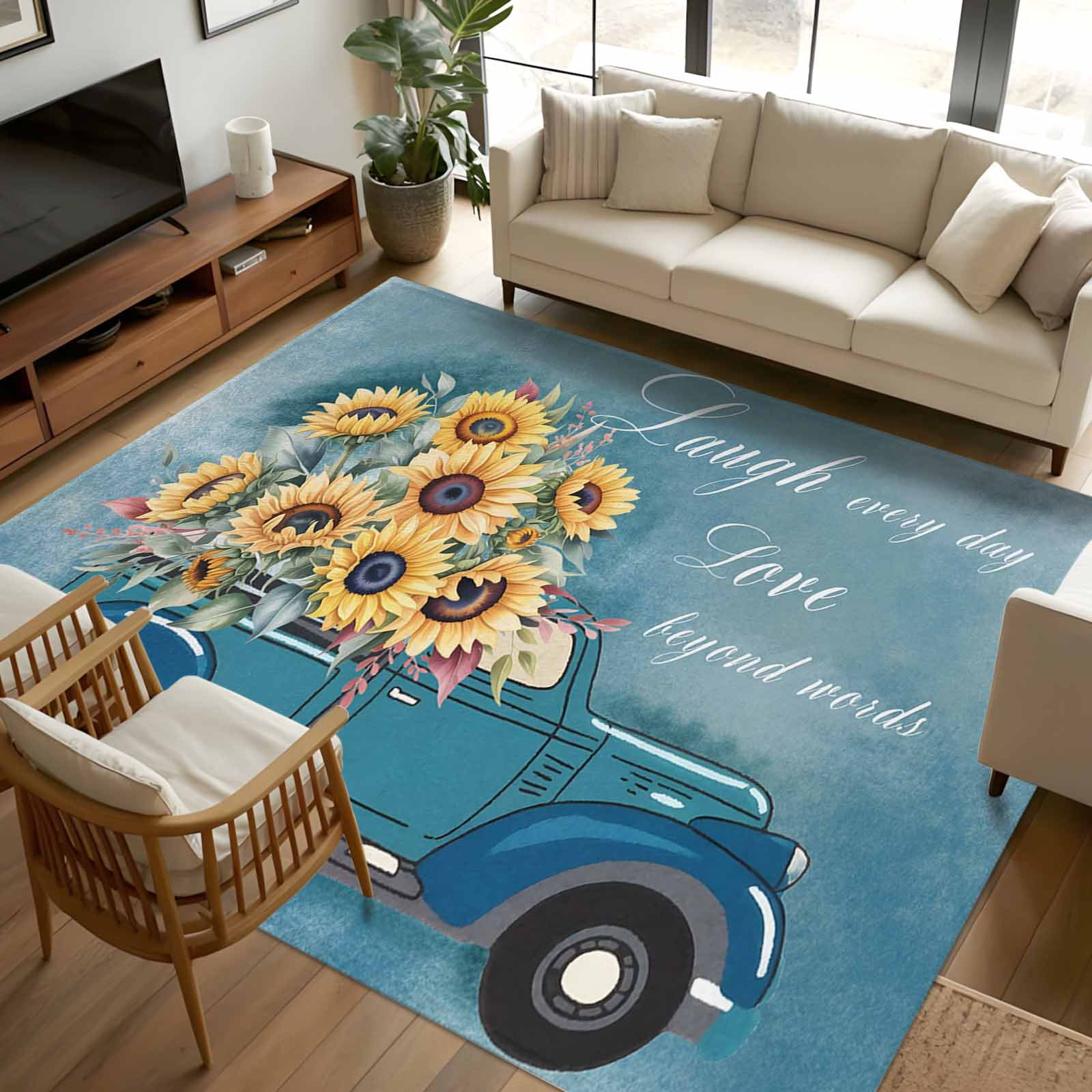 8x10 Area Rugs, Truck Sunflowers Non-Skid Rubber Backing Large ...