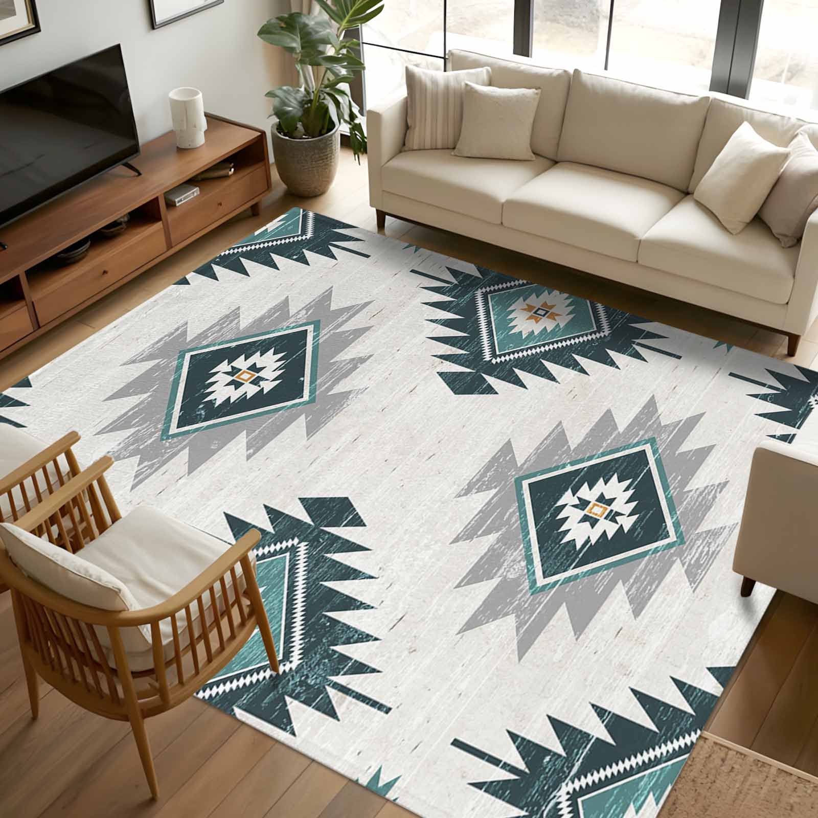 8x10 Area Rugs, Turquoise Aztec Non-Skid Rubber Backing Large Rectangle ...