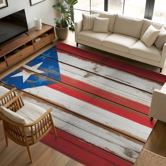 8x10 Area Rugs, USA Flag Non-Skid Rubber Backing Large Rectangle Rugs - Living Room Bedroom Home Office, Farmhouse Vintage Star Blue Red Wooden Grain Indoor Floor Mat Carpets Washable Rug