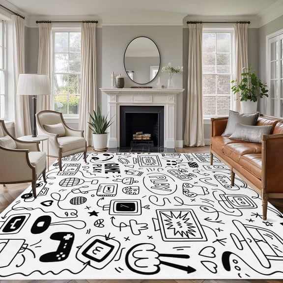 8x10 Area Rugs, Video Game Non-Skid Rubber Backing Large Rectangle Rugs - Living Room Bedroom Home Office, Black White Game Controller Monochrome Indoor Floor Mat Carpets Washable Rug