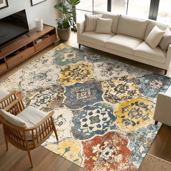 8x10 Area Rugs, Vintage Boho Non-Skid Rubber Backing Large Rectangle Rugs - Living Room Bedroom Home Office, Chic Farmhouse Neutral Morocco Geometric Indoor Floor Mat Carpets Washable Rug