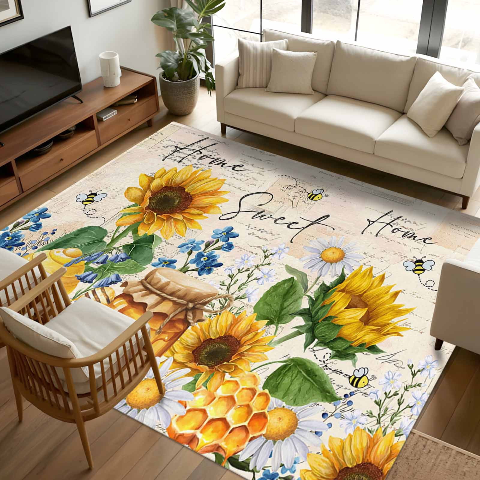 Bee Yellow Rug 8x10 Area Rugs, Yellow Sunflowers Non-Skid Rubber Backing Large ...