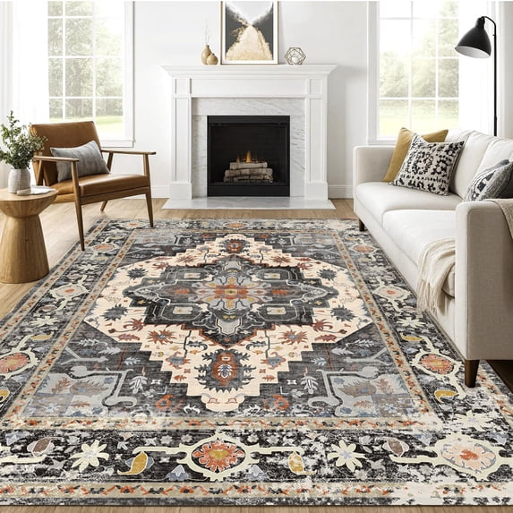 8x10 Area Rugs for Living Room,Non-Slip Backing Washable Rugs,Vintage Large Area Rug,Stain Resistant Home Decor Rug, Black