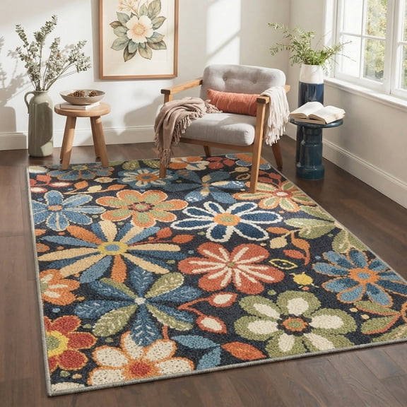 DEORAB 8x10 Area Rugs Floral Botanical Black Soft Ultra Thin Washable Non Slip Floor Carpet for Living Room, Bedroom, Dining Room, Home Office