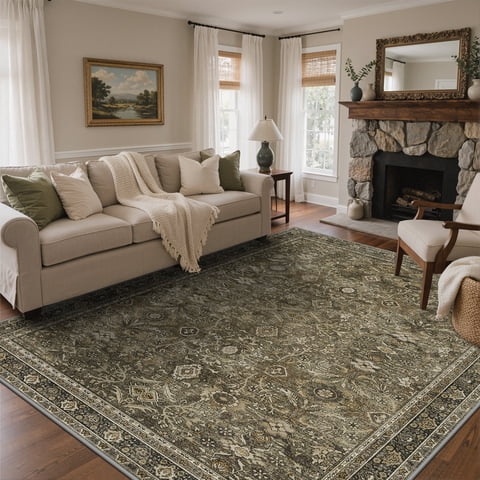 DEORAB 8x10 Area Rugs Persian Olive Green Low Pile Lightweight Machine Washable Non Slip Rug for Living Room, Bedroom