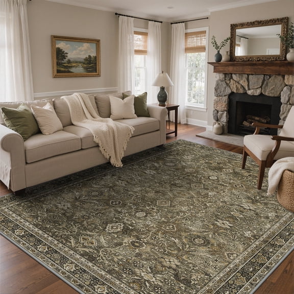 DEORAB 8x10 Area Rugs Persian Olive Green Low Pile Lightweight Machine Washable Non Slip Rug for Living Room, Bedroom