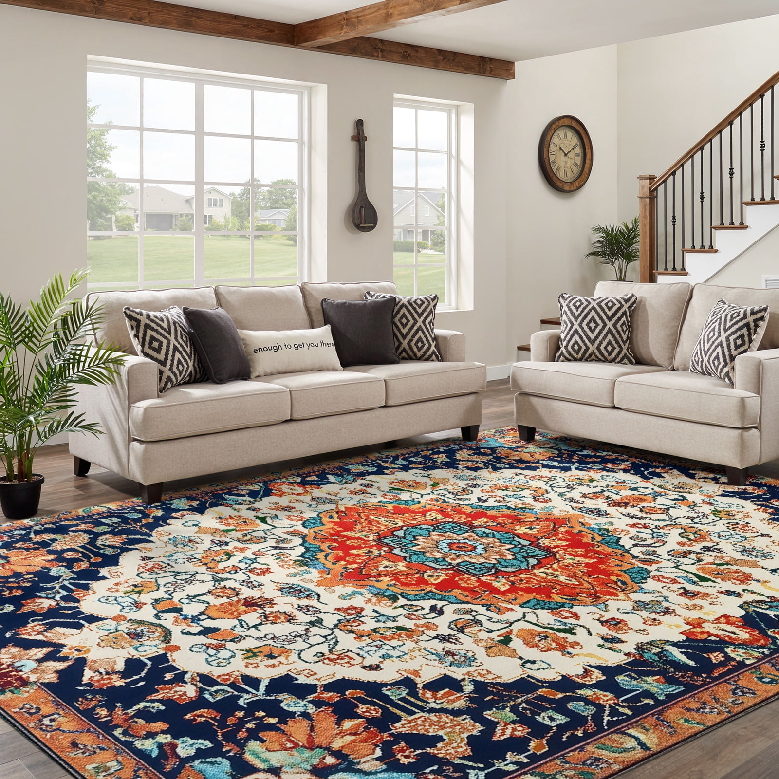 Patterned Rug Orange 8x10 Area Rugs for Living Room Orange Floral Washable Non-Slip Rug ...
