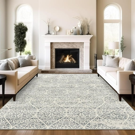 8x10 Area Rugs for Living Room, Stain Resistant Neutral Washable Rugs for Dining Room, Floral Vintage Non-Slip Thin Large Size Area Rug Light Grey
