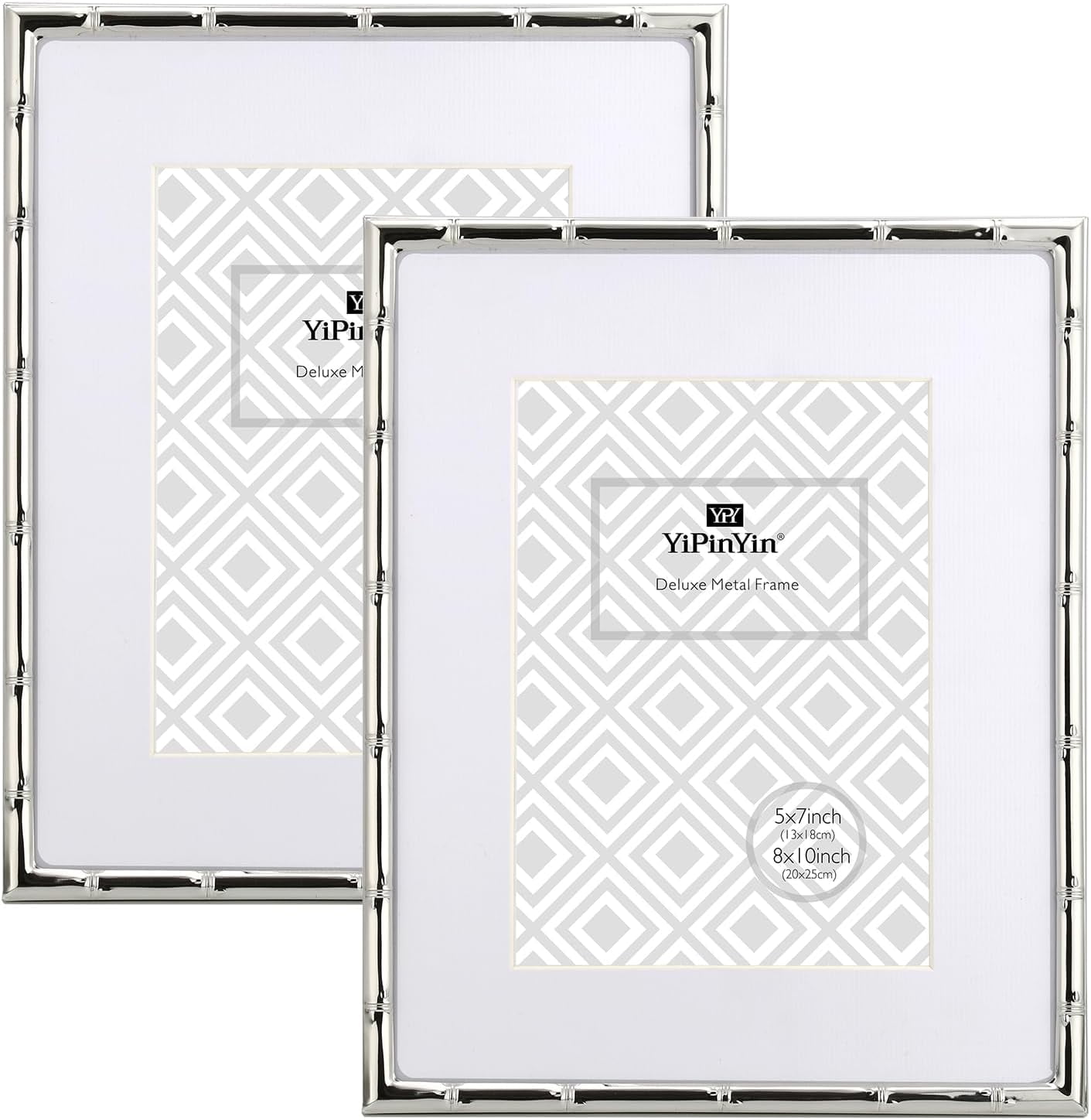 8x10'' Bamboo Detail Designs Silver Metal Picture with Mat for 5x7'' Set of 2,Narrow Silver Plated Photo s 5x7'' With Soft Touch Velvet Backing for Desktop and Wall Décor