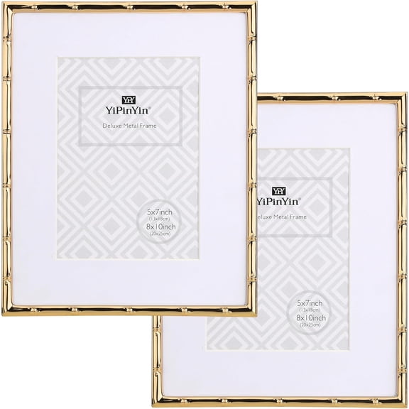 8x10'' Bamboo Detail Gold Metal Picture Frame with Acid Free Mat for 5x7'' Set of 2,Narrow Gold Plated Photo Frames 5 x7'' With Soft Touch Velvet Backing for Desktop and Wall Dcor