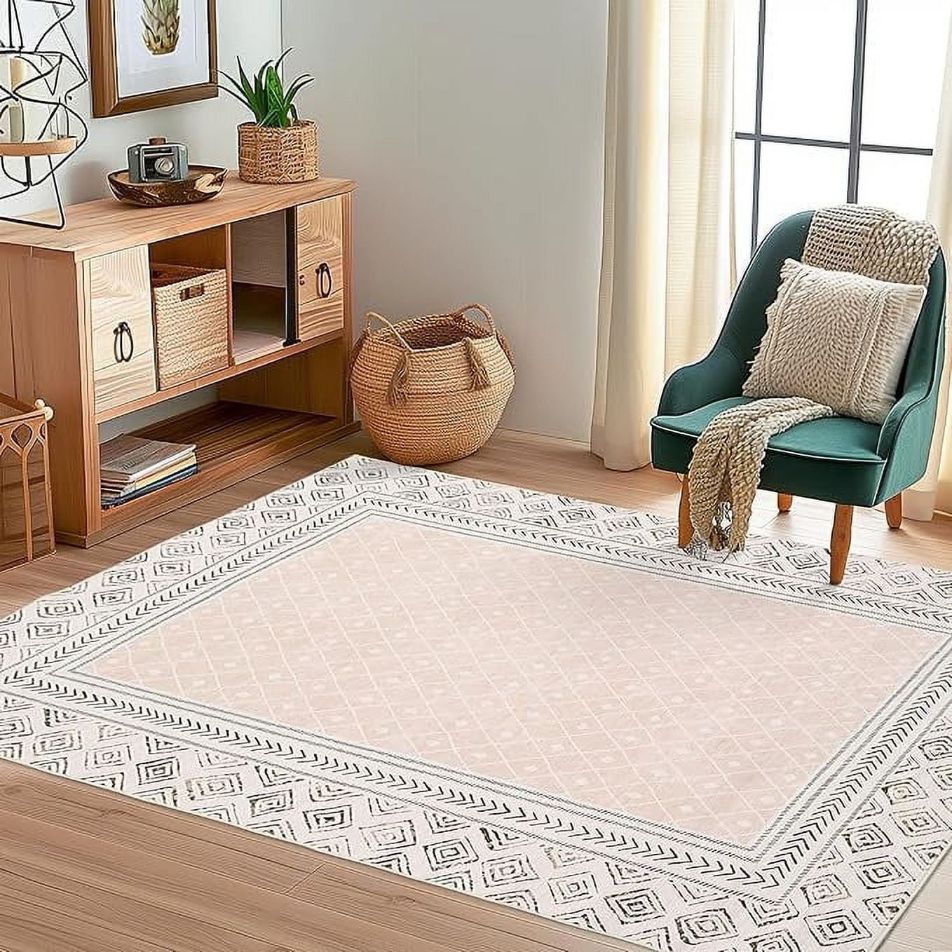 8x10 Beige Living Room Rug – Washable Modern Low Pile Area Rug for ...